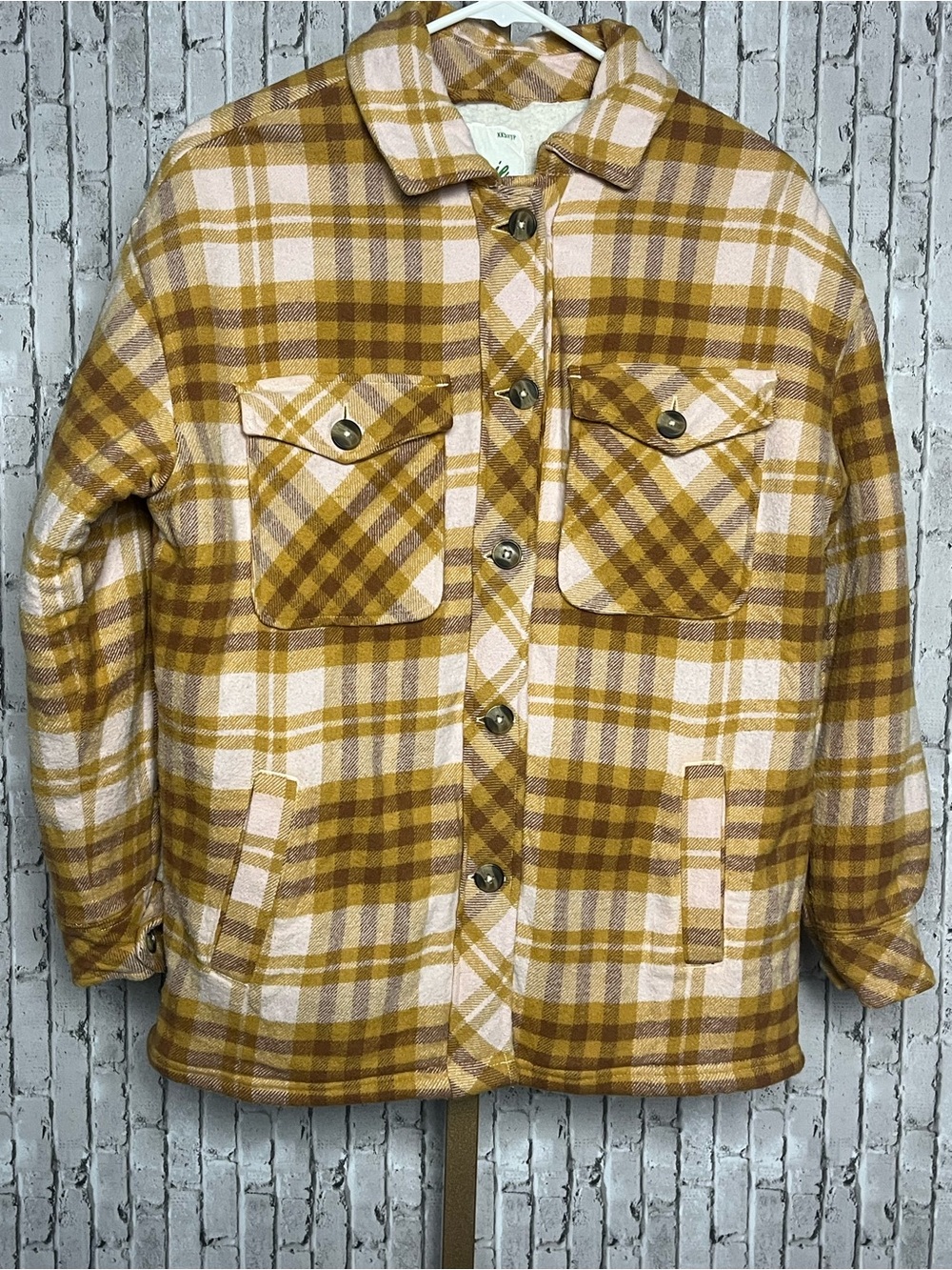 Aerie Plaid Sherpa Lined Shacket Womens XXS Mustard Pink Flannel oversized
